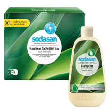 Pachet Eco Mașină de Spălat Vase Sodasan: Tablete 50buc + Soluție Clătire 500ml